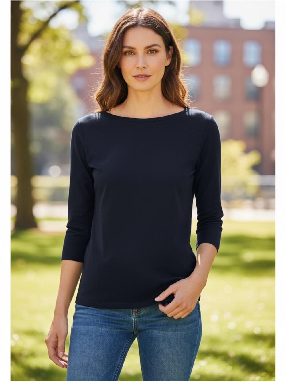 Talbots 3/4 Sleeve Boat Neck Navy Pima Cotton Top Size M